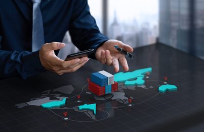 Businessman show export container on digital 3d world map screen