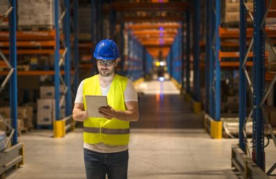 Man walking through large warehouse storage storehouse center and using tablet to control distribution.